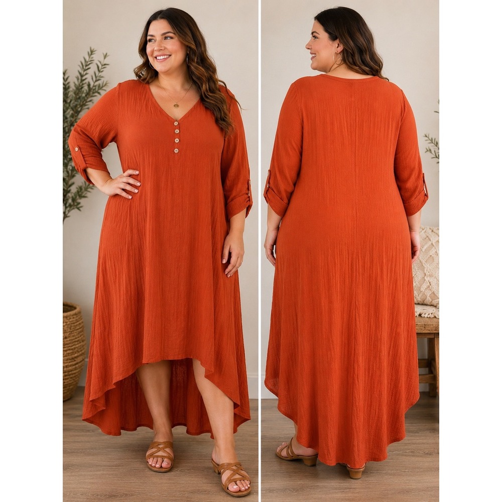 OSX Womens 3XL Rust Orange High-Low Maxi Dress V-Neck Henley Long Sleeve Texture